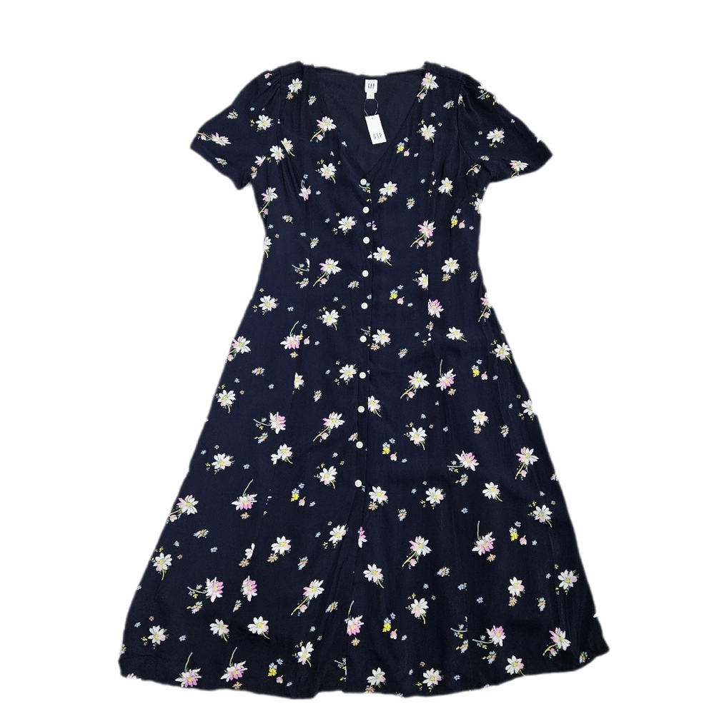 Gap Midi Dress Navy Blue Floral Button Front Womens V Neck Short Sleeve Cottage
